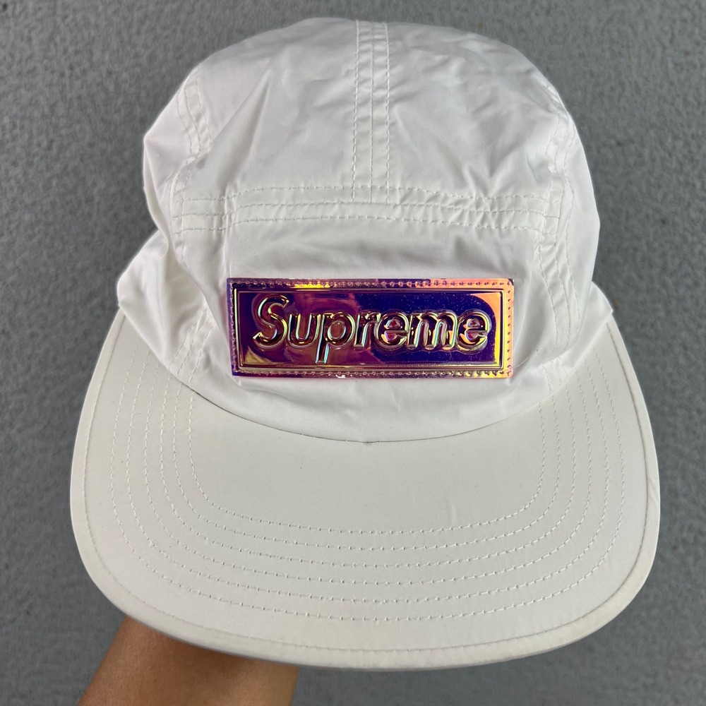 Supreme Iridescent Box Logo White Nylon 5 Panel Camp Cap Hat Adjustable